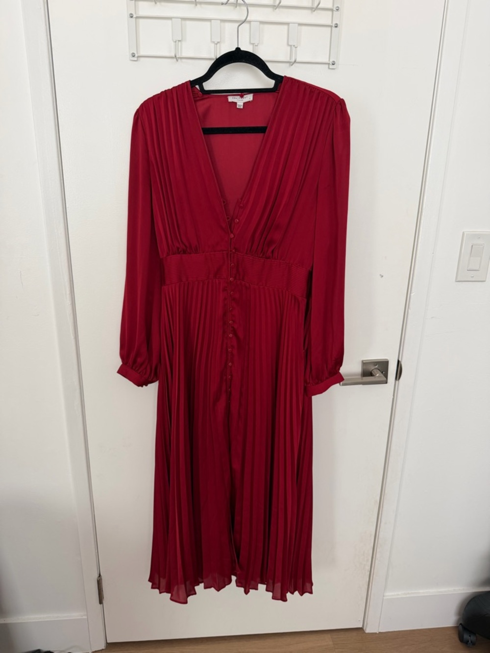 Equipment Red Pleated V-Neck Long Sleeve Dress